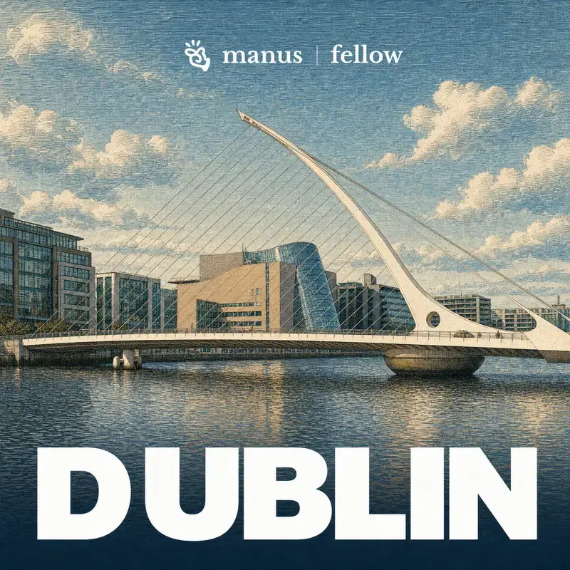 Manus Fellow Event, Dublin AI Build Challenge: the Samuel Beckett Bridge under the Manus Fellow logo, for a DCU student build night at The Spark, Albert College, Glasnevin