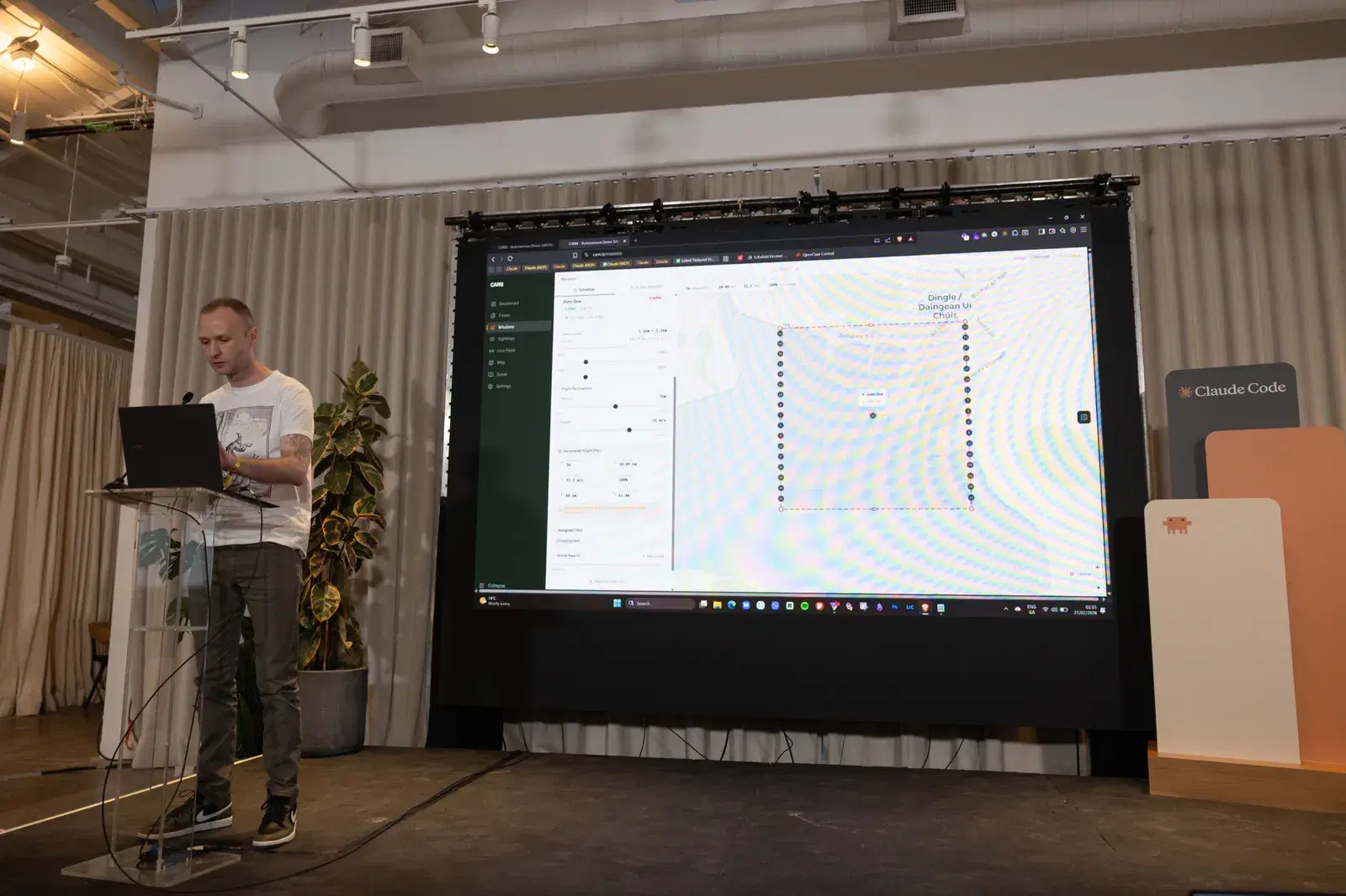 Carn.ie mission control dashboard showing drone flight planning and search grid over Dingle, Ireland during live stage demo