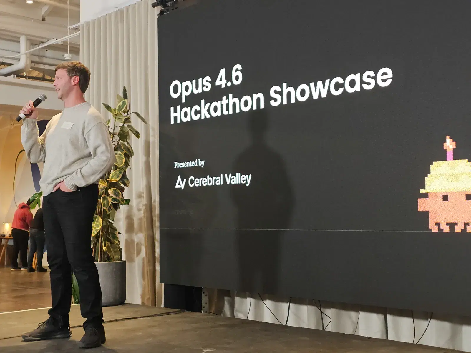 Jason Bigman presenting the Opus 4.6 Hackathon Showcase at Claude Code's 1st birthday party, Cerebral Valley