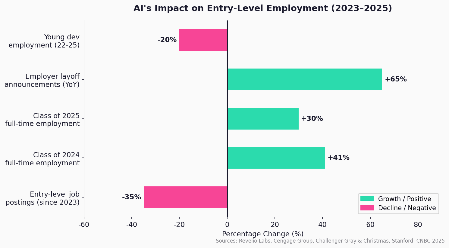 Chart showing entry-level employment impact: 20% decline in young developer employment and 35% drop in entry-level job postings since 2023