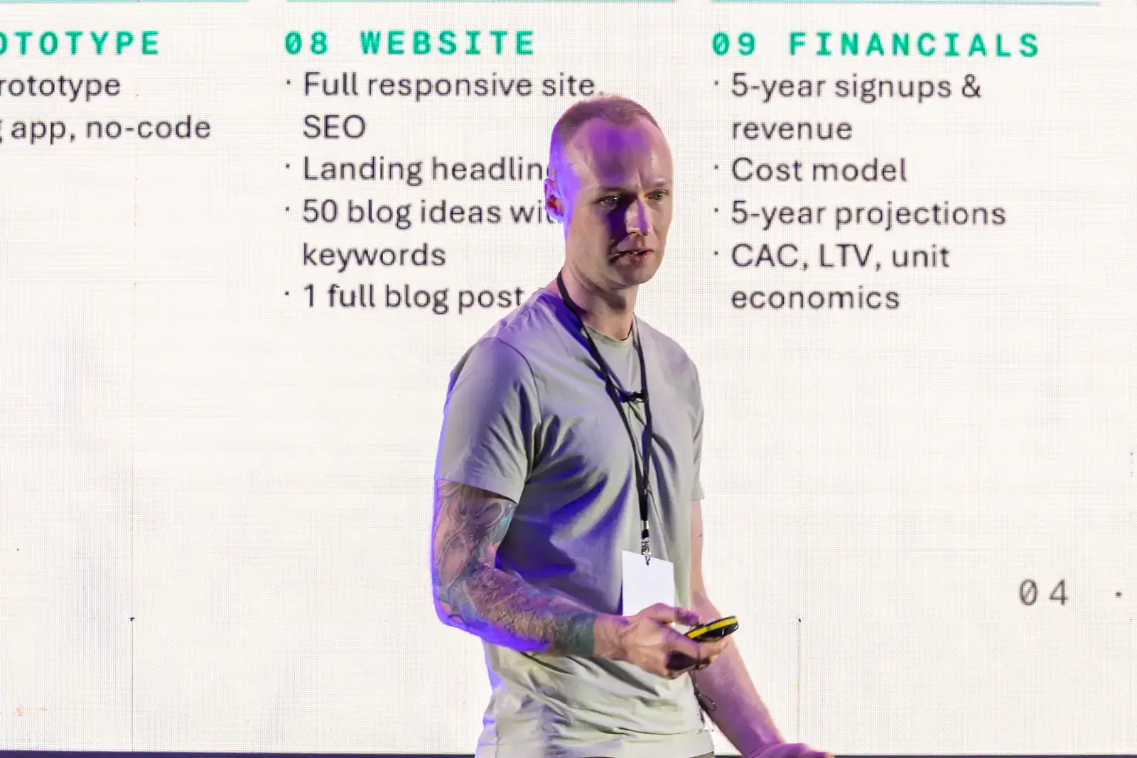 Kevin Collins presenting in front of the website and financials sections of the Launch in a Day slide