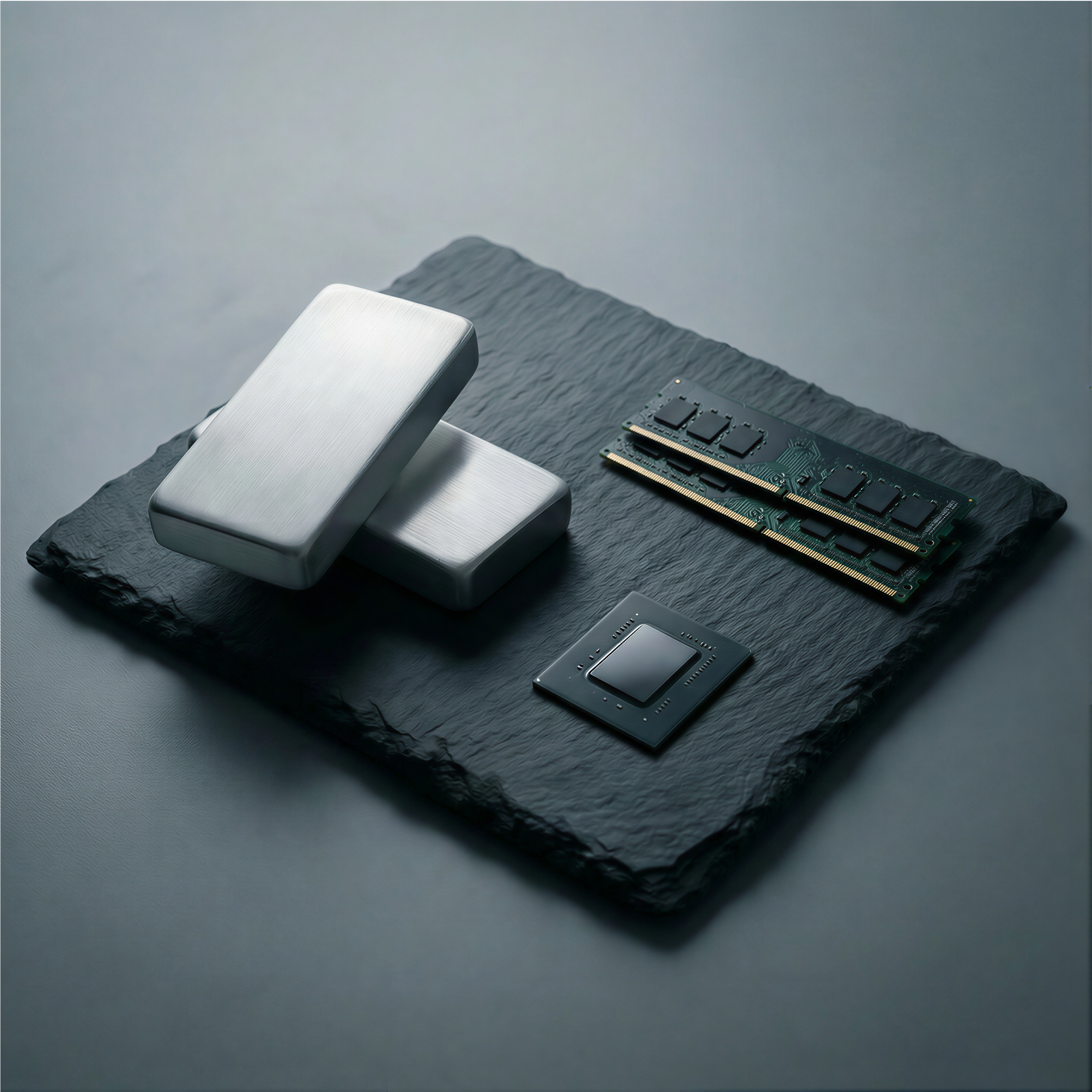 The Silver Squeeze and Silicon Squeeze - Visual representation showing silver bars and silicon wafers being consumed by AI data centres, illustrating the twin resource crises